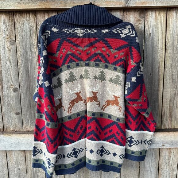 Vintage Sweater Loft Cardigan SWEATER toggle aztec Christmas Holiday deer trees - Picture 2 of 5